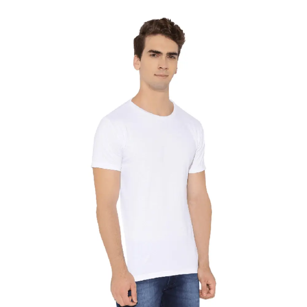 white mens round neck t shirt side view